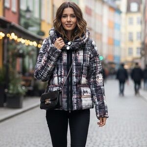Desigual Black and White Plaid Puffer Jacket with Detachable Collar Red Graphic